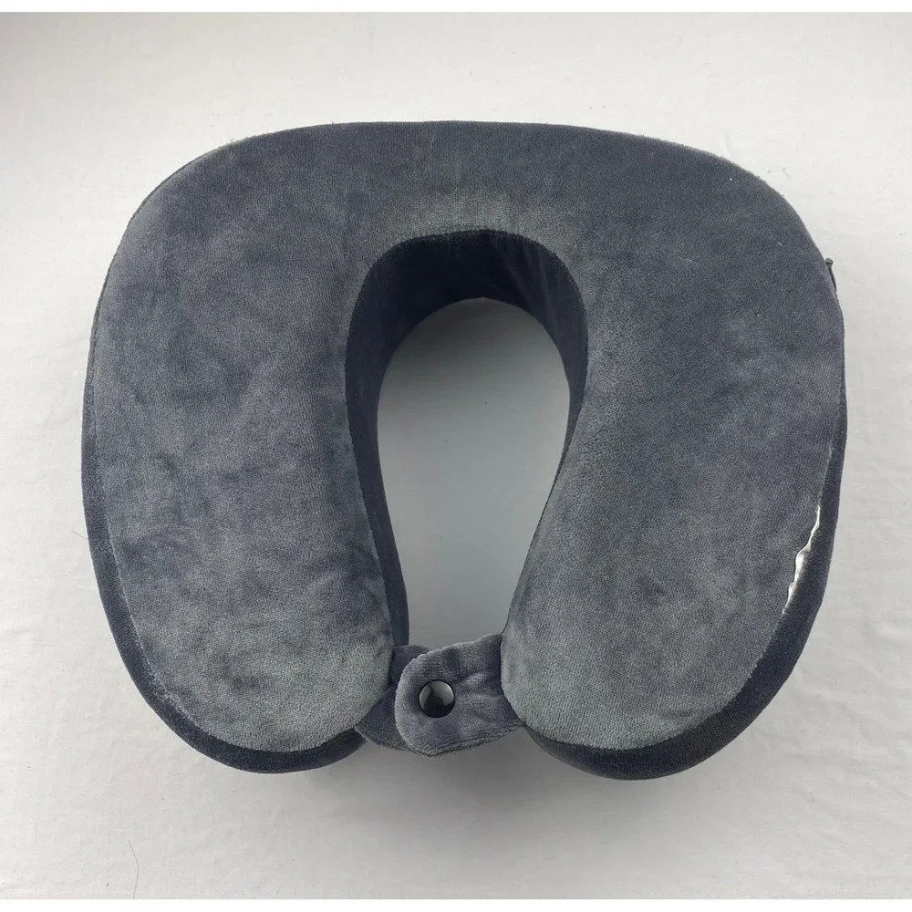 Gray Memory Foam Travel Neck Pillow Plush U-Shaped Support with Snap Closure